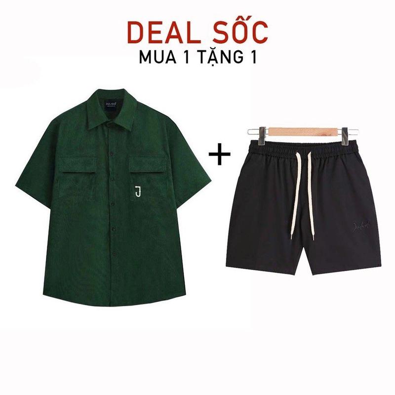 Combo (quần + áo) áo nhung tăm ngắn tay và quần short nam Tay ngắn Có thể giặt bằng máy Menswear