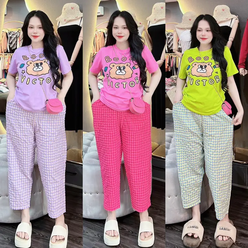 Sét Bộ Nữ BOO Áo Chất Cotton Khô 3158 Mix Quần Kẻ Baggy Top Voi