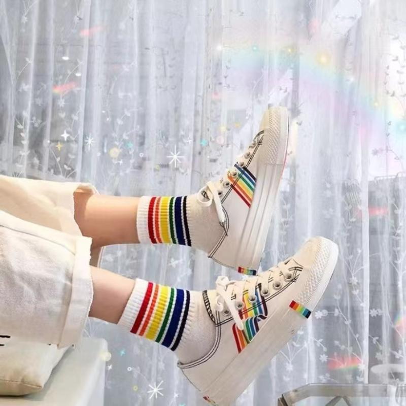 Product Introduction of ถุงเท้าข้อกลาง คาดแถบสีรุ้ง ถุงเท้าแฟชั่นลายสายรุ้ง  Rainbow socks เนื้อผ้าดี ใส่สบาย MW129 ขายร้อน  Women Clothing  ผู้หญิง เสื้อผ้า 14