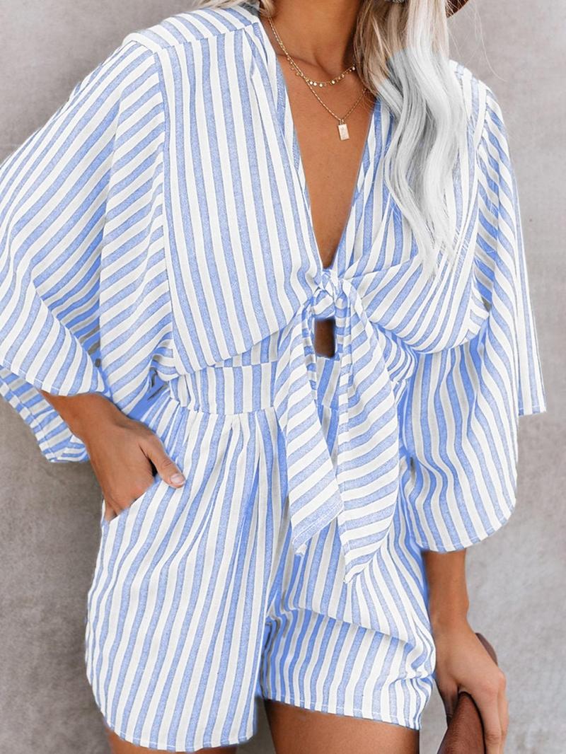 Product Introduction of Women's Striped Print Knot Front Romper, Casual Batwing Sleeve Pocket Jumpsuit, Ladies Clothes for Summer Daily Wear 3
