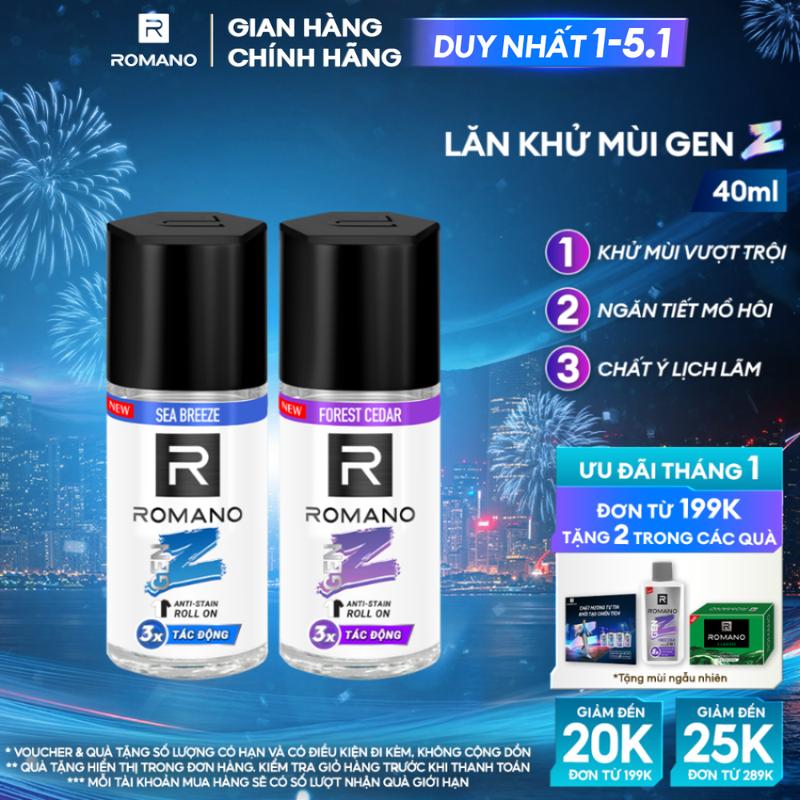   DUY NHẤT 1-5.1  ĐƠN 199K TẶNG 2 QUÀ   MỚI  Lăn Khử mùi Ngăn Vệt Ố Vàng Dưỡng Thể cho nam Romano Gen Z Sea Breeze Forest Cedar 40ml Chai 