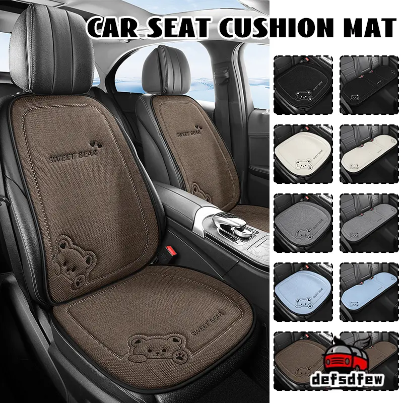 Linen Car Seat Cushion for Driver Cartoon Bear Women's Fashion Anti-slip Breathable Protective Car Seat Cushion Cover Pad