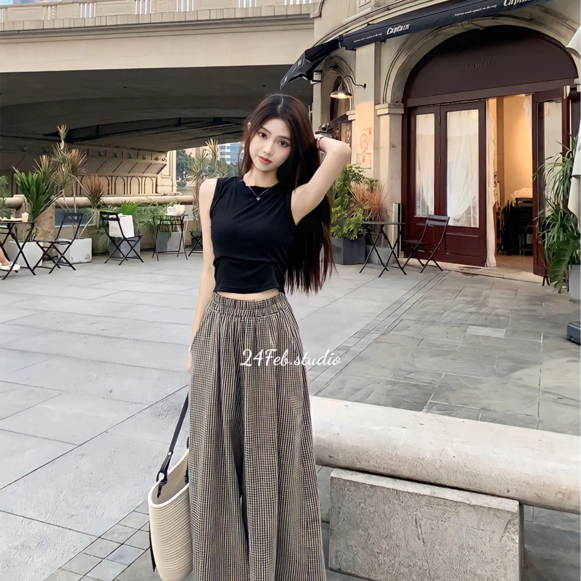 [Tặng kèm áo] Quần kẻ dáng xuông form rộng phong cách vintage Hàn Quốc SET22 - 24Feb.studio