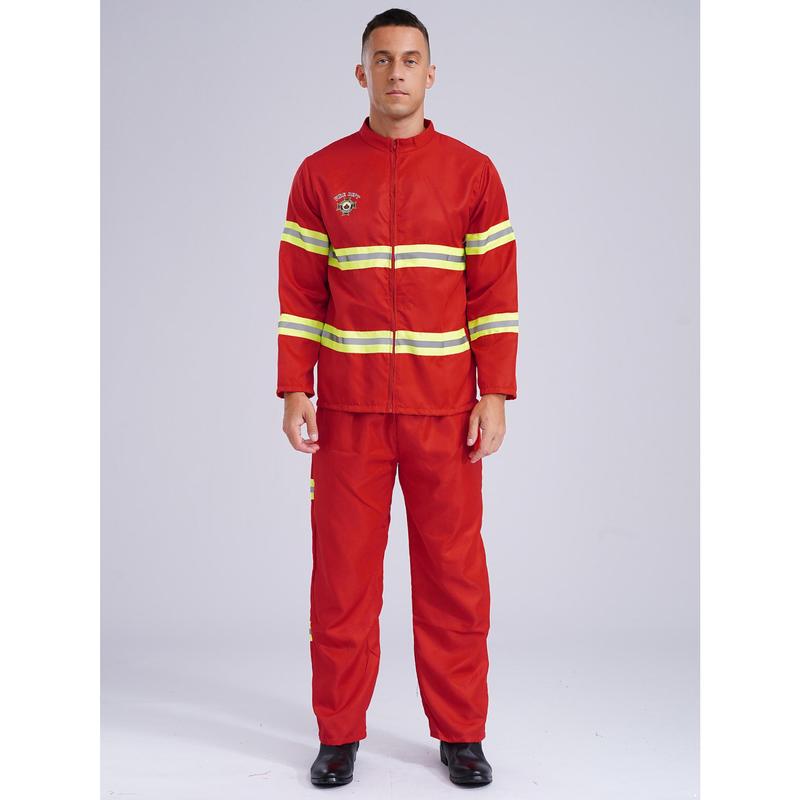 Manyakai Mens Firefighter Costume Fireman Role Play Uniform Long Sleeve Reflective Stripes 4-piece Suit 7