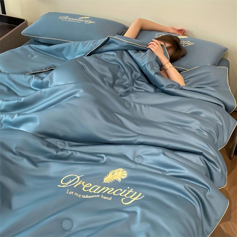 Product Introduction of 1 Piece Dreamy Summer Light Quilt - Soft, Light Beige Friendly 100% Microfiber, Designed with Gold Leaves and "DREAMCITY" Words, Gray with Gold Accents, Machine Washable, Pillowcase and Bed Sheet Not Included, Summer Bedding | Fantasy-themed Decoration | 5