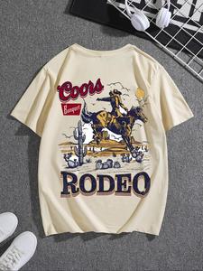 Men's Rodeo & Cactus Print Round Neck Tee, Regular Fit Casual Short Sleeve T-shirt for Daily Wear, Men's Summer Outfit