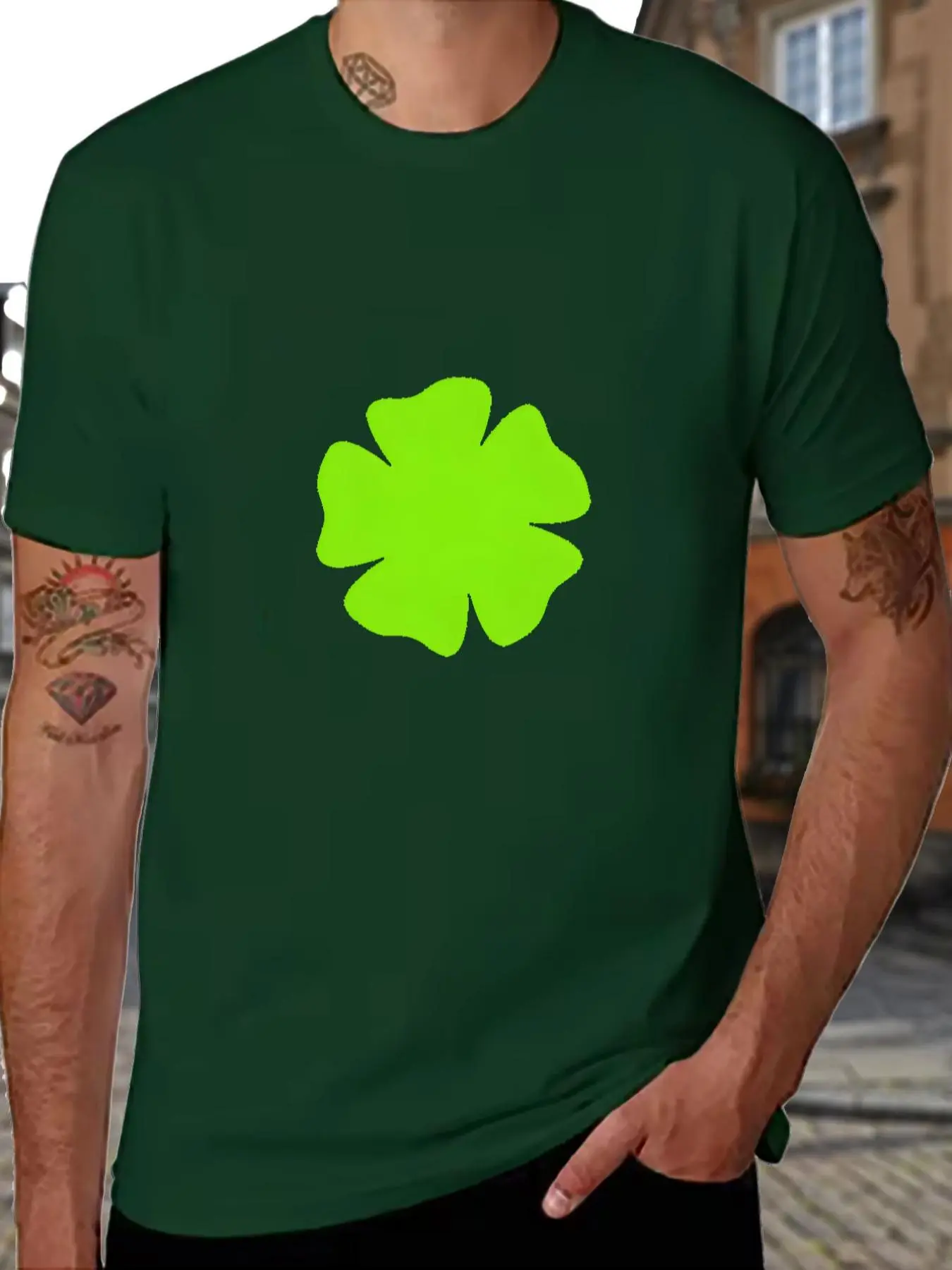 Men's Clover & Letter Print Round Neck Tee, Regular Fit Casual Short Sleeve T-shirt for Summer, Men's Top for Daily Wear