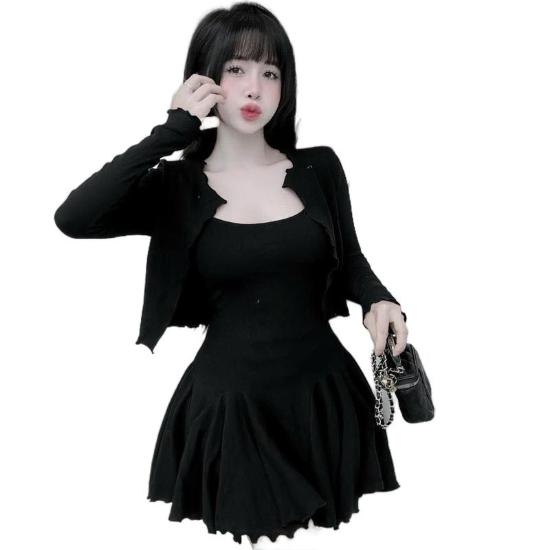 L6- sét đầm 2 dây thun gân dáng xòe, kèm áo khoác tay dài (36-55kg) Dress 3