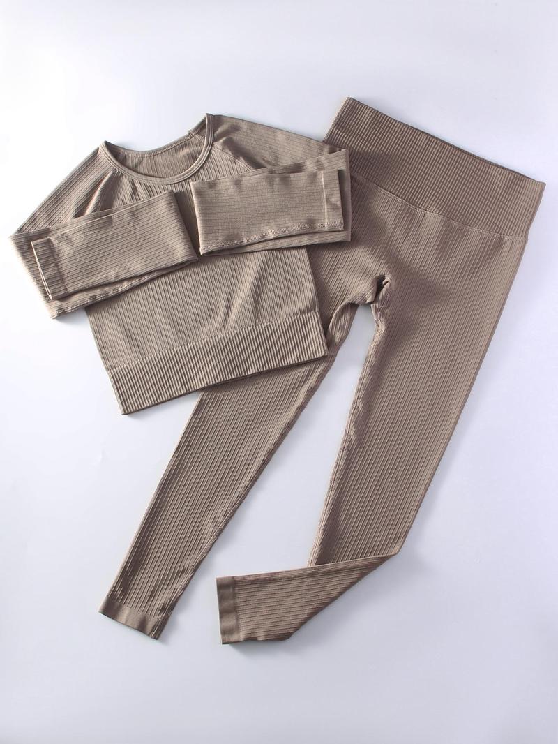 Product Introduction of Two-Piece Set Women's Solid Ribbed Long Sleeve Crop Top & Wide Waistband Leggings Tracksuit Set, Sporty Breathable Outfits Co-ord Chav Set, Soft Comfy Tracksuit for Summer 3