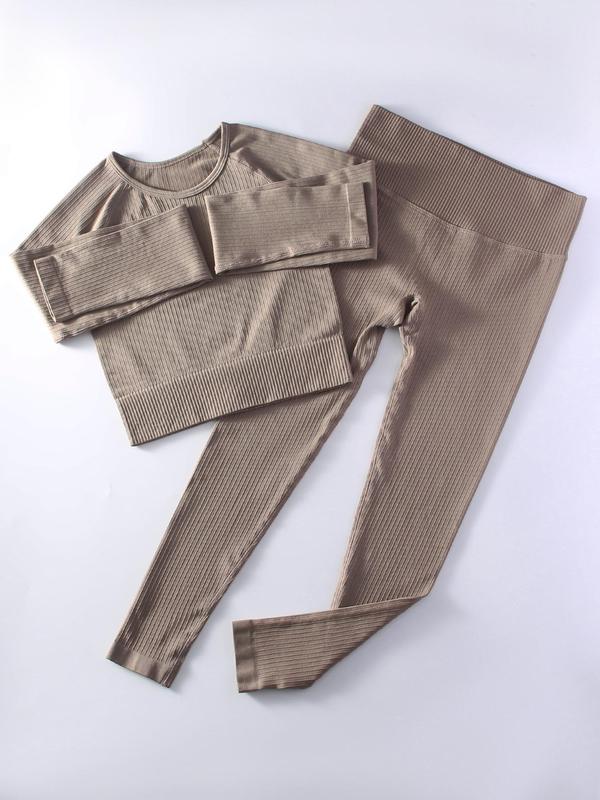 Two-Piece Set Women's Solid Ribbed Long Sleeve Crop Top & Wide Waistband Leggings Tracksuit Set, Sporty Breathable Outfits Co-ord Chav Set, Soft Comfy Tracksuit for Summer 2