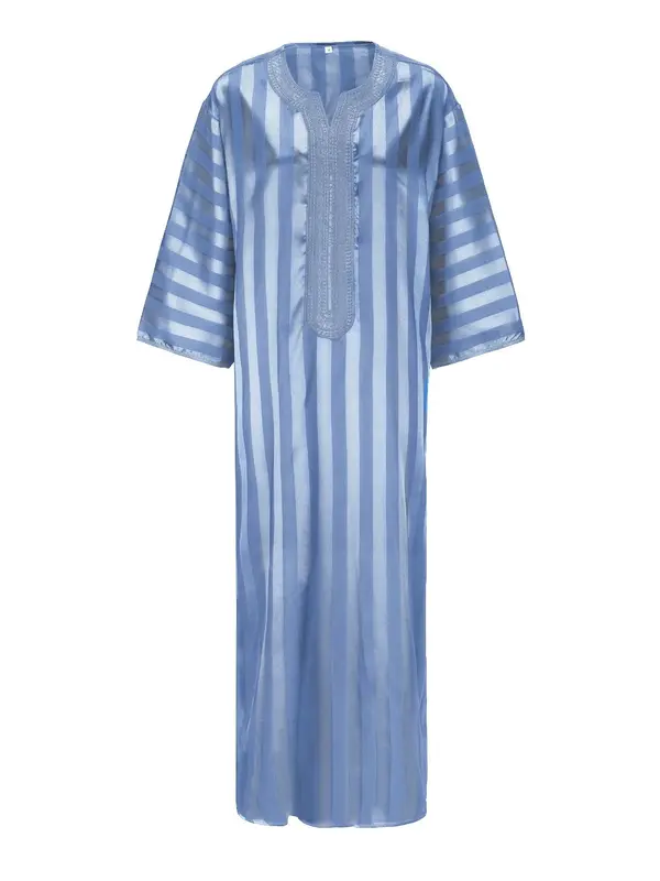 Men's Striped Embroidery Long Sleeve Robes, Loose Casual Comfy Three Quarter Length Sleeve Robe for Daily Wear, Muslim Clothing for Spring & Fall 3