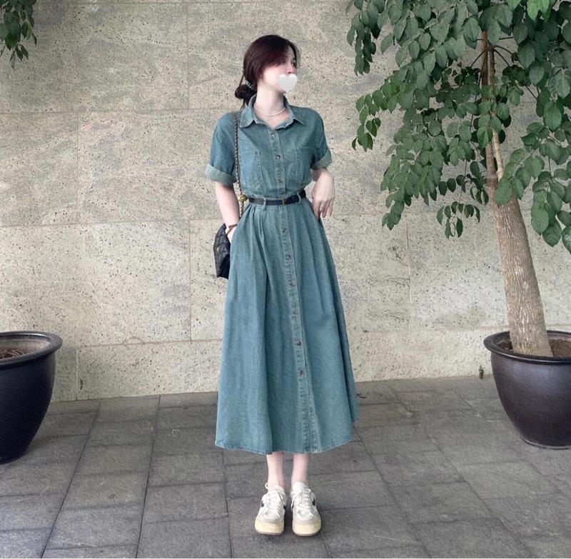 Váy jean dáng dài kèm đai, đầm nữ ngắn tay chất bò mềm dày dặn phong cách thanh lịch trẻ trung nữ tính V168 Women Kem Dress Sen Voan Voi