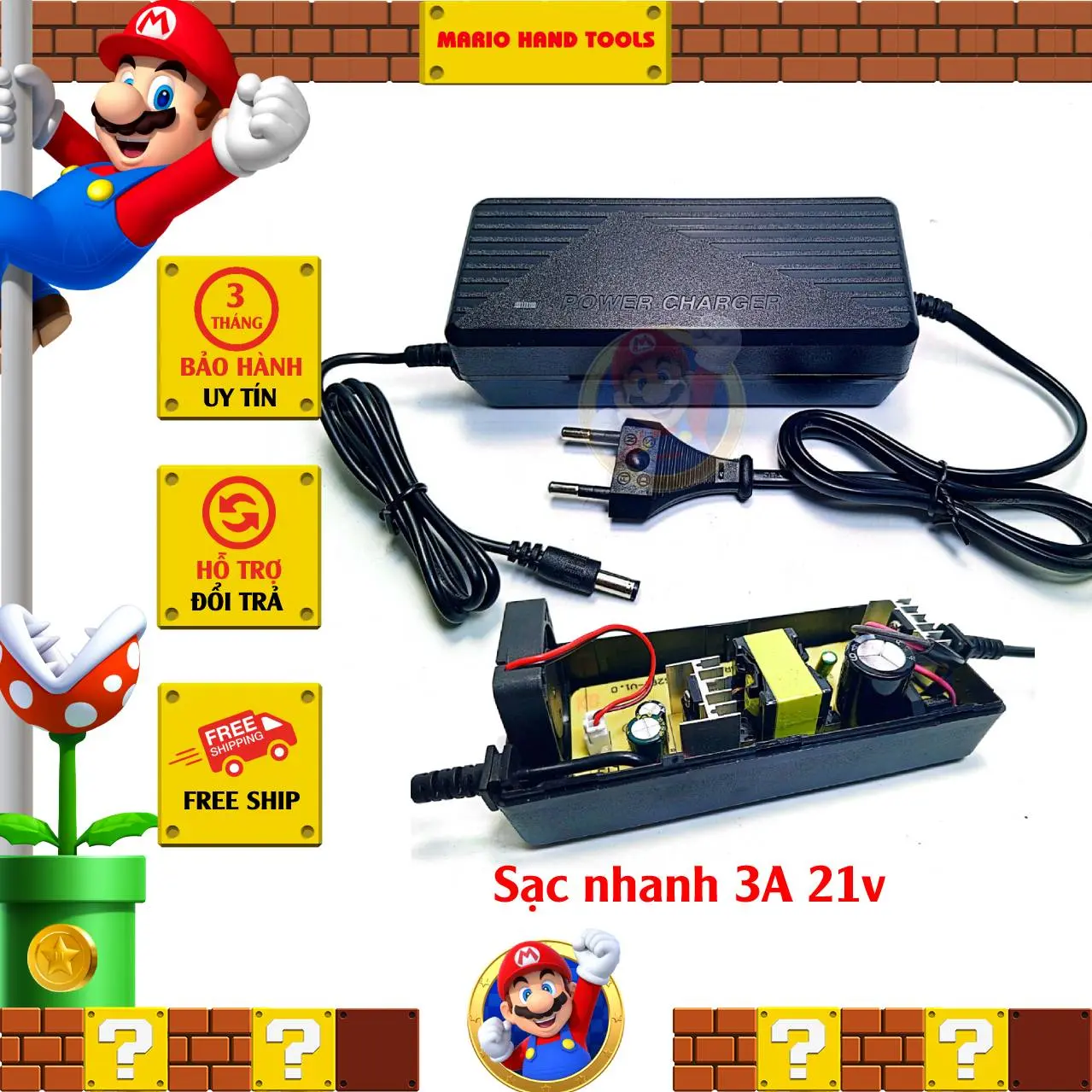 Sạc Nhanh 21V 3A Drama, chân tròn 5,5x2,5mm Cho Pin máy khoan 20 cell 5s4p, Có Quạt Tản Nhiệt