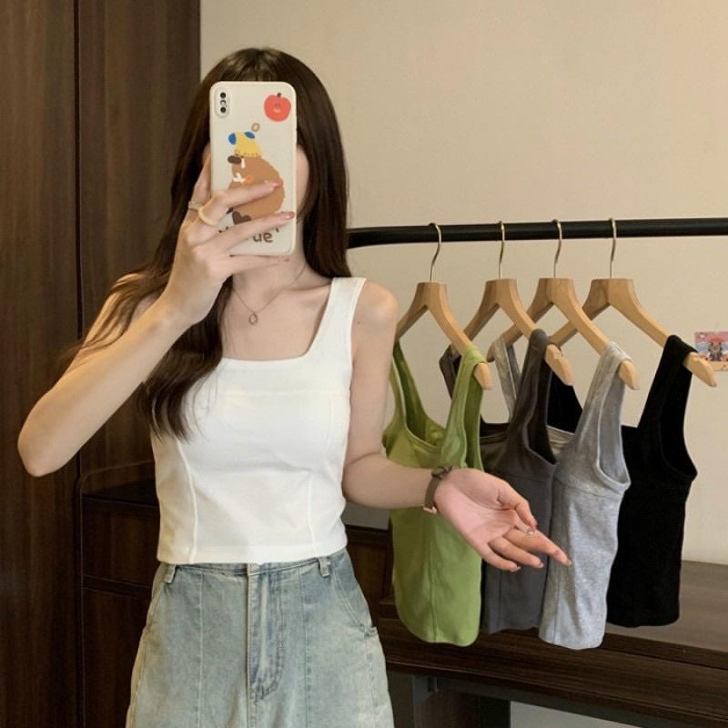 Product Introduction of Áo 2 dây nữ, Áo cổ vuông croptop CÓ MÚT NGỰC, Chất liệu cotton mềm mại, co giãn, Kiểu dáng trẻ trung Hàng QC Loại 1 Kem Đệm mút Màu Đen Women Tre áo croptop cóáotrong 2