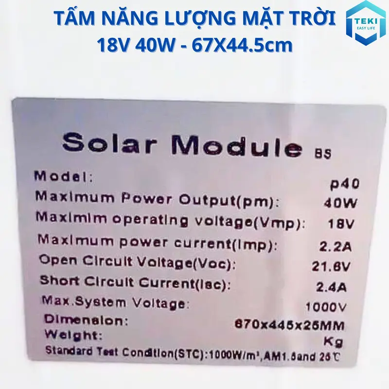 TẤM PIN NĂNG LƯỢNG MẶT TRỜI MONO 18V 40W 67x44.5cm - TEKI 5