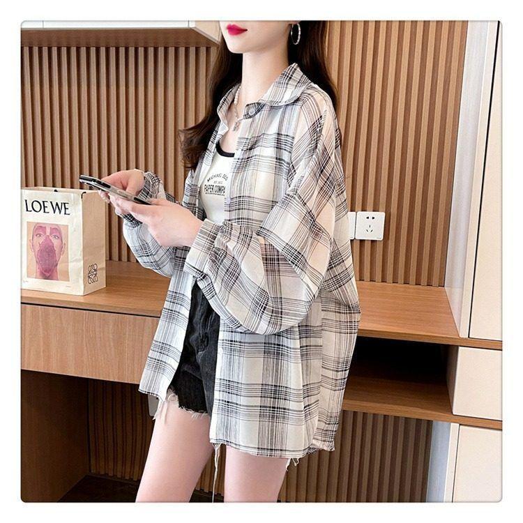 Product Introduction of Sun Protection Clothing for Women Thin Plaid Chiffon Shirt Oversize Coat for Women Breathable New Summer Loose Shirt Women 24
