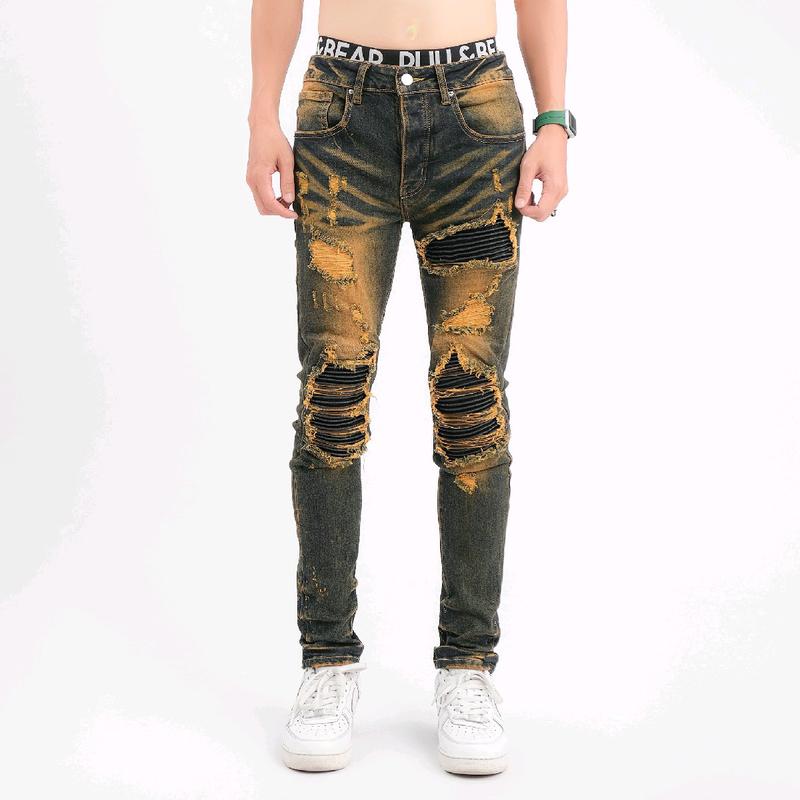 Quần Jeans Nam AMIRI Màu Nâu Phủ , 4 Cúc Vá Da Đen Cứng
