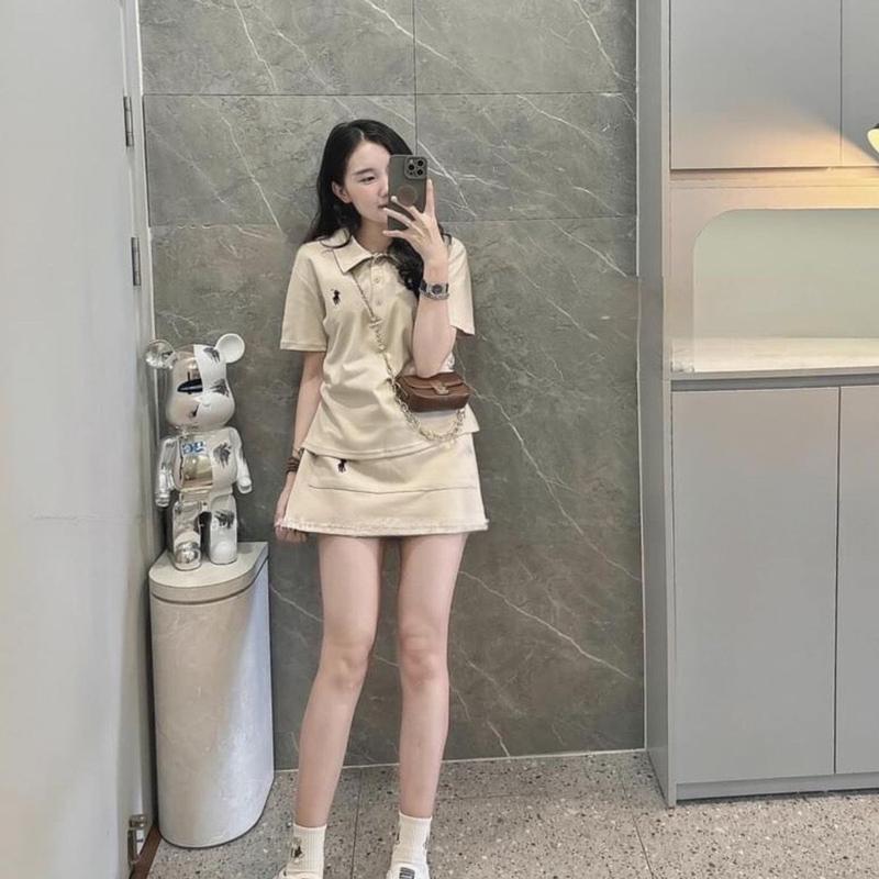 Set áo polo thêu ngựa mix chân váy chữ A  set áo bộ nữ cài cúc phối chân váy ngắn có túi style trẻ trung B345 HANASU 4