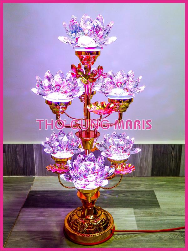 Đèn bàn thờ hoa sen Pha Lê 7 bông CAO 50cm để bàn thờ Phật, Gia Tiên, Thân Mạ Đồng, mạch LED tự động đổi màu dễ thay thế