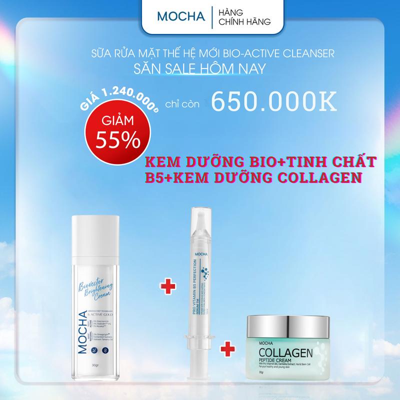 DƯỠNG BIO+TINH CHẤT B5+KEM DƯỠNG COLLAGEN Thương hiệu: MOCHA Gồm 3 sản phẩm: 1 dưỡng biovector 30gr 1 tinh chất b5 10ml 1 collagen 30gr.
