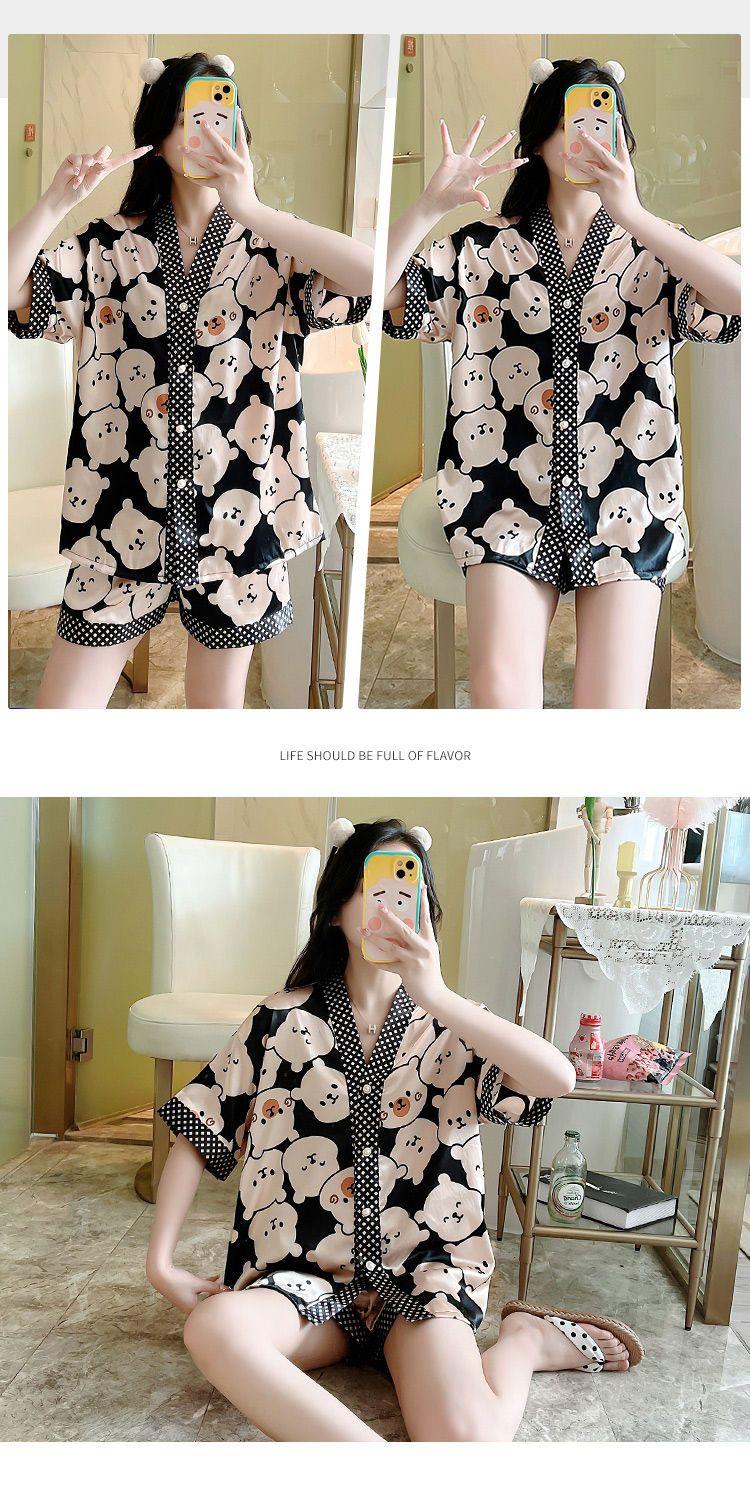 Product Introduction of Women's Pajamas 2022 New Summer Thin Ice Silk Cardigan Camellia Set Short Sleeve Cartoon Princess Style Loungewear 9