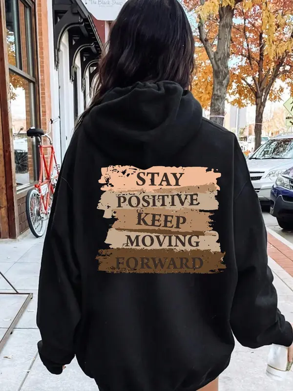 Women's Letter Print Drop Shoulder Hoodie, Fashion Casual Drawstring Pocket Hooded Sweatshirt for Daily Holiday Outdoor Wear, Ladies Clothes for Fall & Winter 4