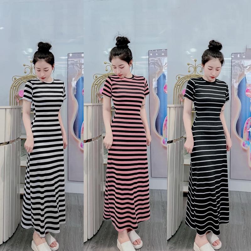 Đầm body thun gân cổ tròn tay ngắn kẻ sọc - Nữ - Women Dress Sọc thủy thủ đường  thường mặc jean áodaidep đen đính sẵn nơ 【light yellow floral rút   đễ thương bigsize Tre Kem Tre Kem ophelia Cotton Sen váy  ren váy  hở lưng hồng eo bí giặt bằng nước lạnh