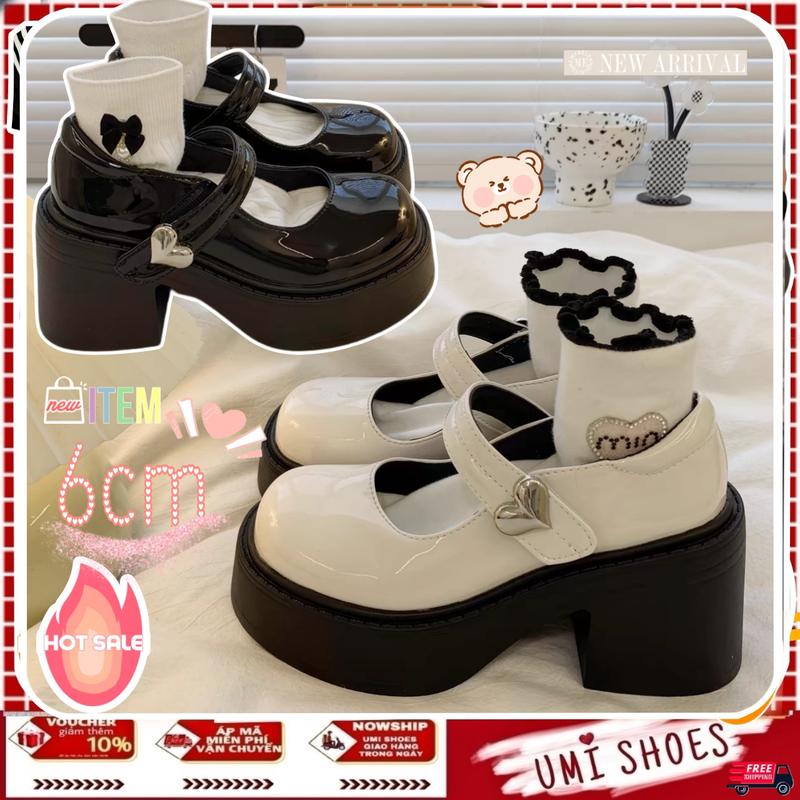 [FULLBOX_ SẴN_MỚI] Giày Mary Jane Nữ DUPTIM Đế Bằng Cao 6cm búp bê Lolita quai dán màu đen/kem THỜI TRANG hot