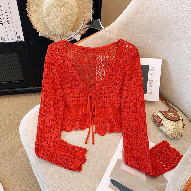 Product Introduction of Tee Asas, Fesyen Musim Panas, Rekaan Bunga Cangkuk Berongga, Kardigan Pakaian Luar Berkait, Lengan Panjang Bertali Nipis, Blaus Selendang Pelindung Matahari, Atasan Pendek, Untuk Wanita, Lengan Pendek, Baju Leher Bulat 10