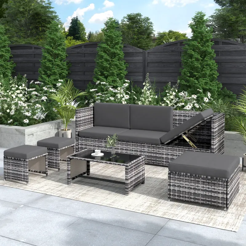 All-Weather Rattan Outdoor Furniture Set - Silver Wicker Sectional Sofa with Coffee Table & Machine-Washable Cushions, Patio Conversation Set for Garden, Balcony or Deck Couches 0