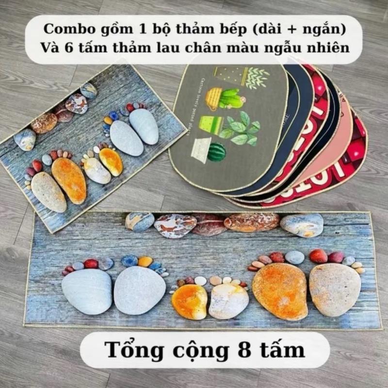 Combo bộ thảm bếp 2 tấm kèm 6 thảm lau chân bầu dục 3D bali nỉ lì trang trí trải sàn bếp, nhà tắm cửa ra vào