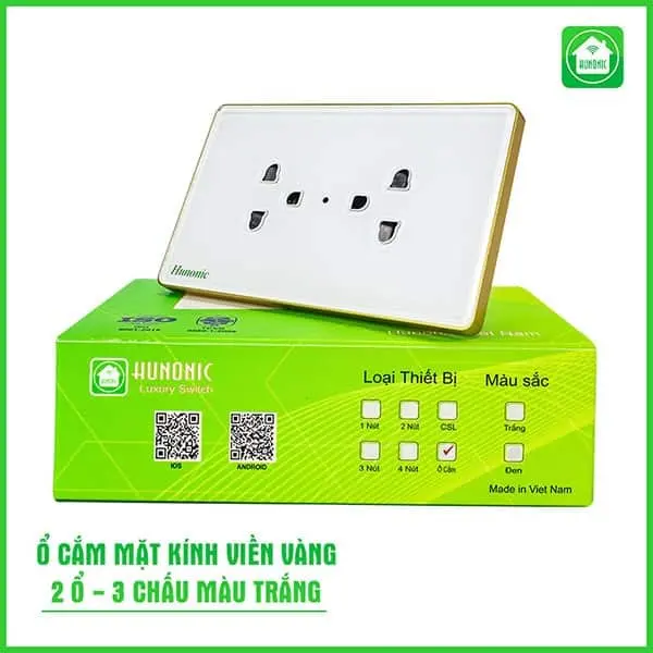 Ổ Cắm Mặt Kính 2 Ổ Có Tiếp Địa Viền Vàng Màu Trắng và Đen