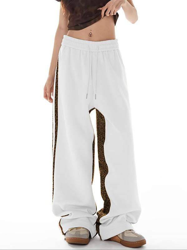 Women's Fashionable Leopard Print Sweatpants, Casual Versatile Loose Colorblock Sweatpants, Side Stripes Straight Leg Pants for Fall & Winter 2