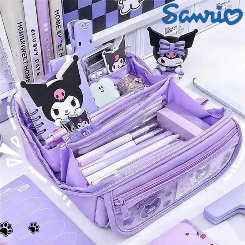 Sanrio-Sarung pensel berkapasiti besar Kuromi 9 lapisan untuk kanak-kanak dan pelajar, kotak alat tulis Sarung, kotak pensel mudah alih pelbagai fungsi, beg simpanan alat tulis Stationery