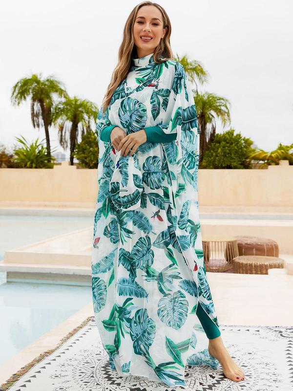 Arabic Clothing-Leaf Print Swimsuit Set, Casual Mock Neck Swim Top & Pants & Cover Up Dress & Swim Hat for Summer, 4 Counts Sun Protection Swimwear Set 0