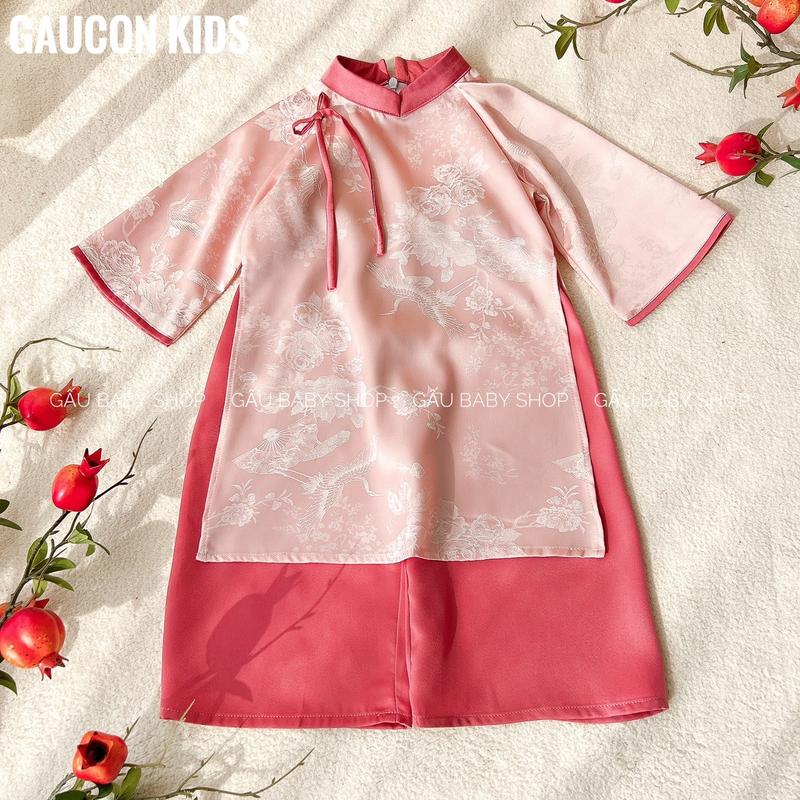 Áo dài CÁT NHI bé gái đính nơ chất liệu lụa ngọc trai cao cấp cho bé 8-35kg tặng bờm ngọc trai- B138