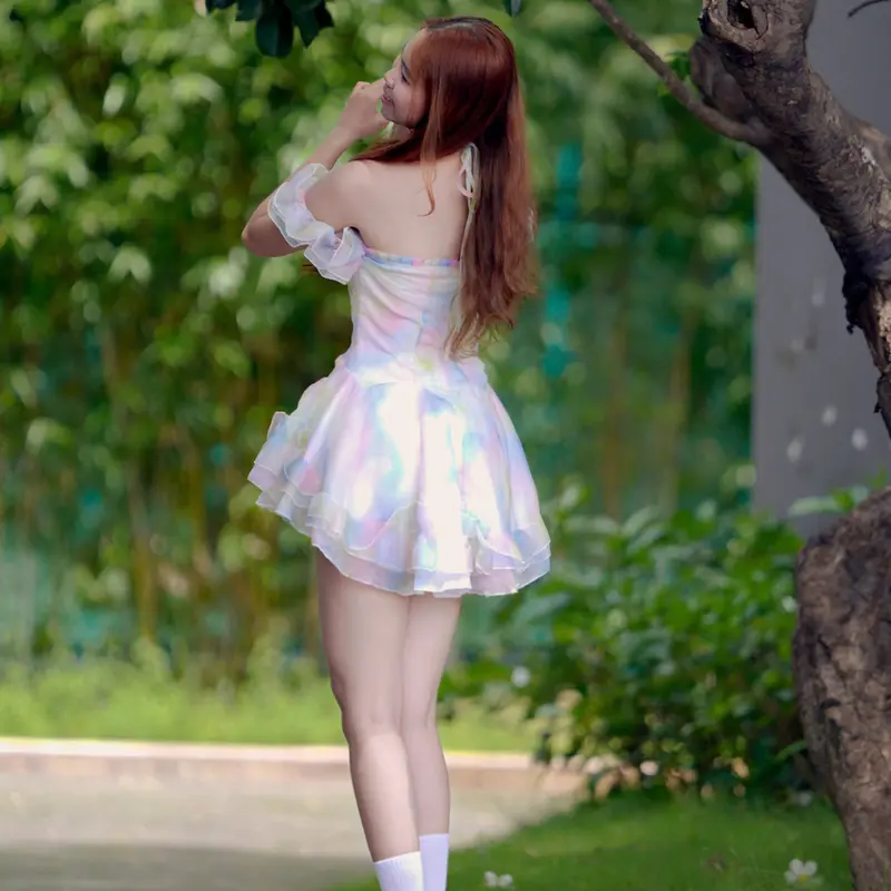[D1] Đầm Bồng Nữ Thiết Kế Cổ Yếm Voan Phối Tay Trễ Mix Dáng Váy Bồng Bềnh phong cách tiểu thư  vay mactet Women Dress Voi 3