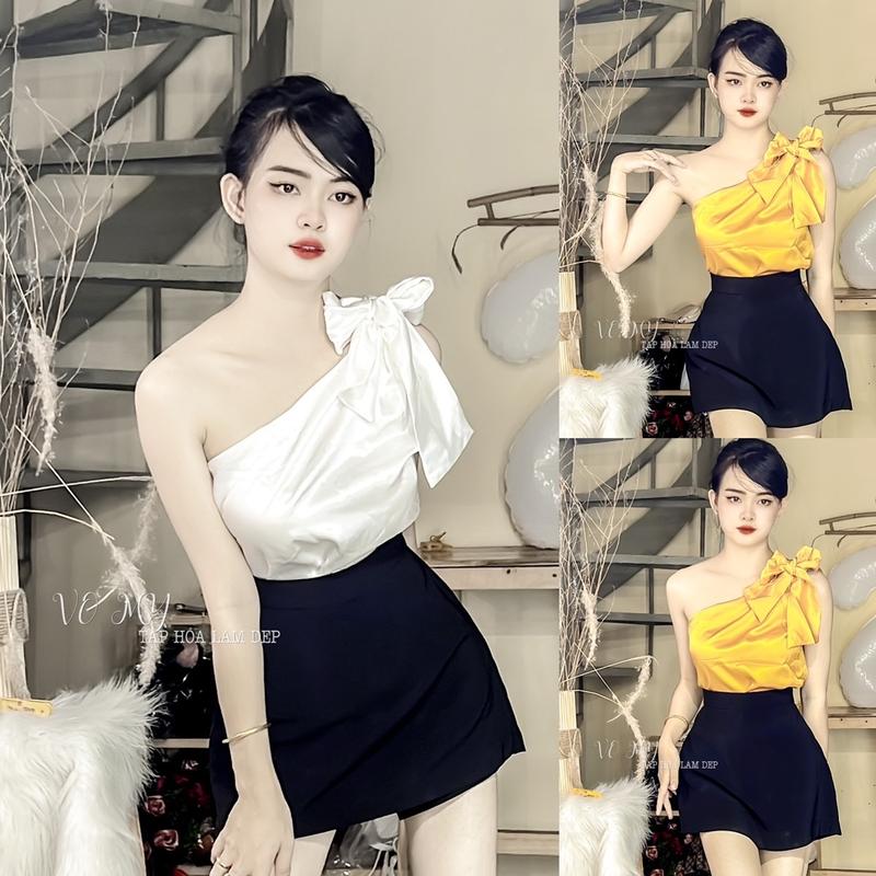 Set áo lệch vai cột nơ chân váy chữ a