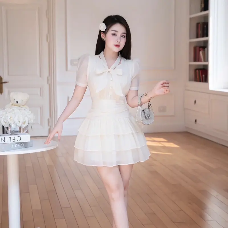 Lali_váy tơ xốp xoè tầng buộc nơ cổ cúc bọc sang chảnh_Ll060 7