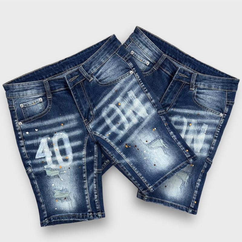 Shopvietanhq9 - Quần Short Jean Xanh đen hai đáy (6739) quần sọt có chấm sơn, rách, in chữ màu trắng, vải jean co giãn kiểu mới cho nam Menswear Kem Có Túi - Xmas