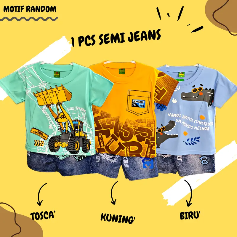 1 PCS SATUAN BAJU SETELAN ANAK COWOK SEMI JEANS KAOS MOTIF RANDOM BAJU OBLONG ANAK LEBARAN 0