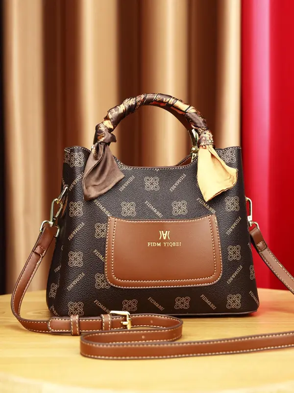 Summer Outfits 2024 Vintage Presbyopia Geometric Print Handbag for Women, New Trendy Bowknot Twilly Satin Scarf Decorated Pu Leather Pocket Designer Commuter Crossbody Bag, Everyday Bag 4