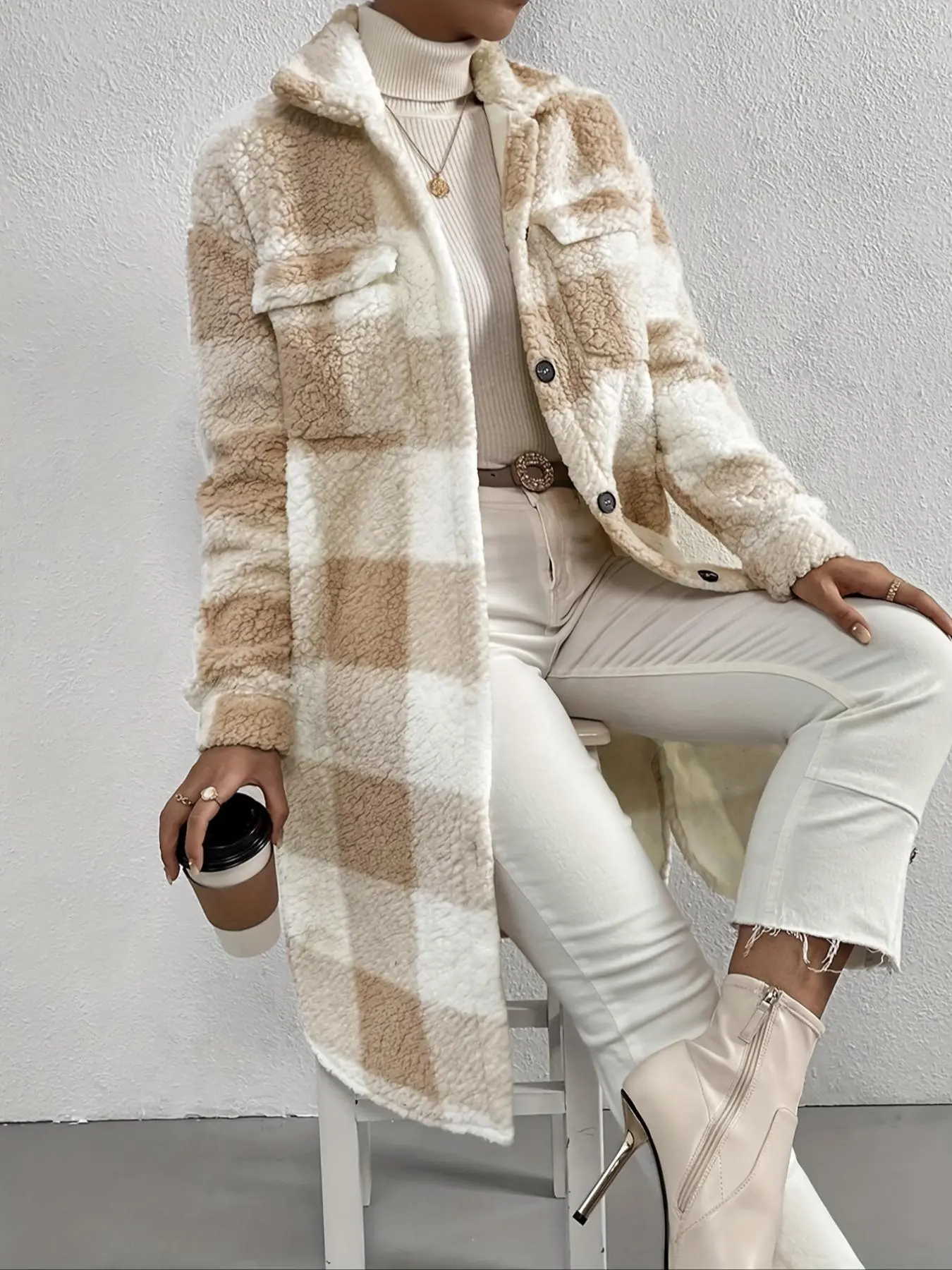 Women's Plaid Print Button Front Faux Fur Coat, Casual Pocket Drop Shoulder Long Sleeve Collared Outerwear for Fall & Winter, Women's Clothing for Daily Wear