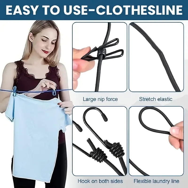 1Pc Retractable Portable Travel Clothesline, Clothing Line with 12 One Clothespin, Indoor Clothing Drying Line, Outdoor Camping Accessories Laundry Purple clothespins 2