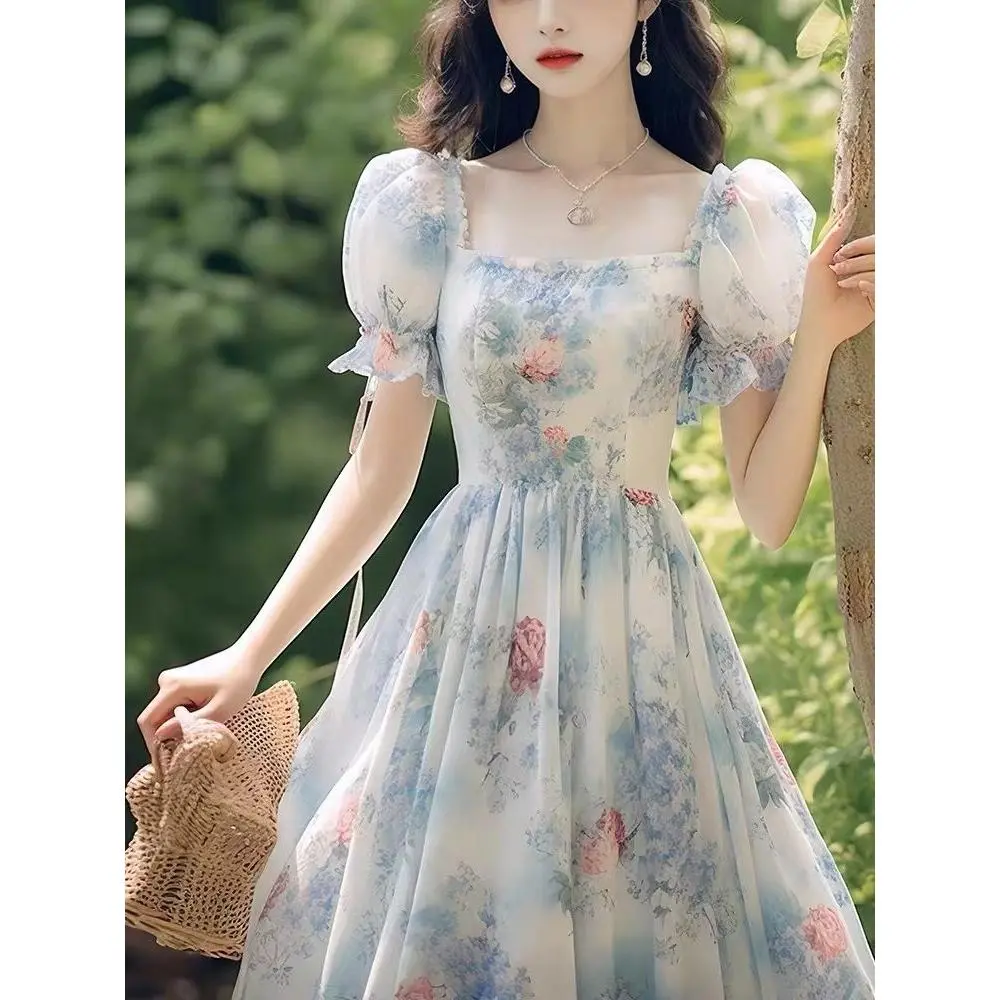 Váy Hoa Kiểu Pháp, Tiệc Trà, Tay Phồng, Siêu Thanh Lịch, Hàng Mới Về Mùa Hè, ngắn Tay Nữ, Cổ Vuông In Hình, Váy Cổ Tích, Dành Cho Người Đàn Ông Và Phụ Nữ, [5704 Người]