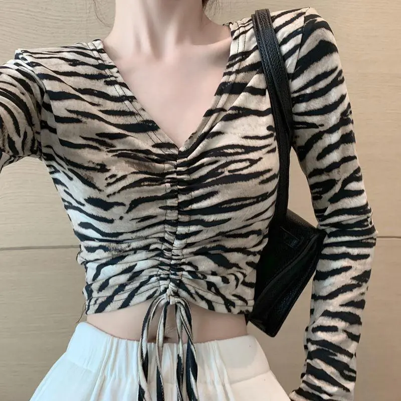 Women's Fashion Zebra Print V-neck Long Sleeve Drawstring  T-shirt Crop Top
