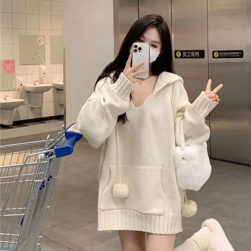 Bộ Đồ Mùa Thu Và Mùa Đông, Ngoại Cỡ, Cô Gái Đầy Đặn, Áo Len Phong Cách Mori, Phong Cách Preppy, Áo Len Có Mũ Trùm Đầu Cổ Chữ V Hàn Quốc, Váy Xếp Ly, Bộ Hai Mảnh 2