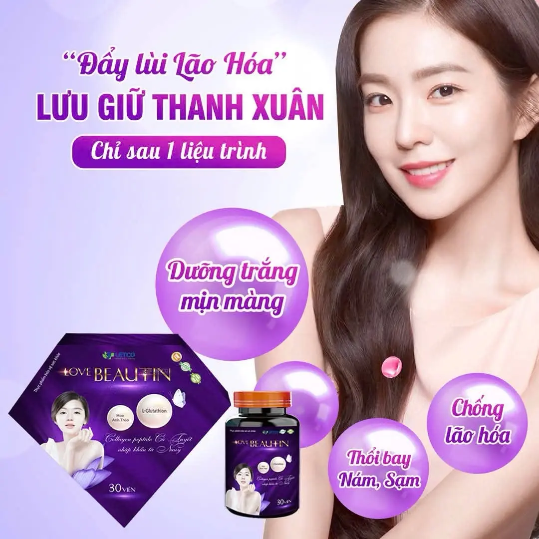 -Viên uống trắng da LOVE BEAUTIN , giúp da trắng sáng mịn tăng độ đàn hồi, cải thiện da sạm nám đốm nâu, da khô xỉn màu, hỗ trợ chống oxi hoá chống nắng nội sinh, hạn chế da lao hoa. 1 hộp 30 viên.
