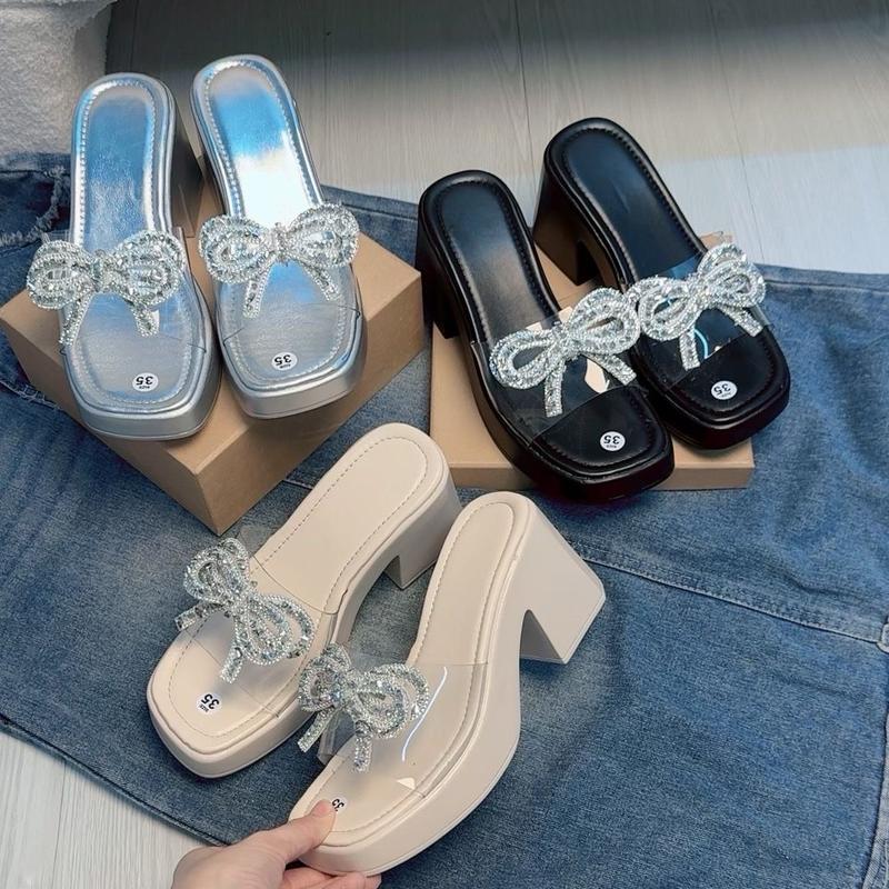 ( size nhỏ ) Guốc Nữ Quai Ngang Nơ Đá cao 8 phân DéP Shoes GiàY