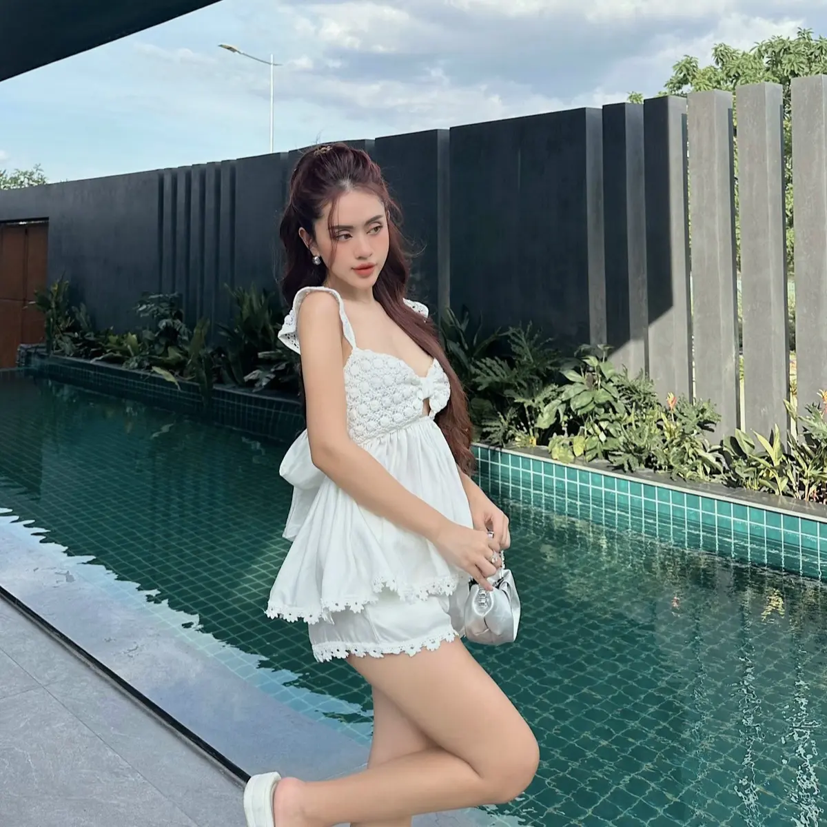 KHÁNH AN CLOTHING - Set bộ phối ren cột nơ sau tiểu thư, vải mềm thoáng, 7 màu cơ bản Nữ Nhung